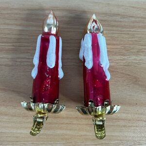 Vintage Christmas Red Clip-On Glass Candle Ornaments Set of 2